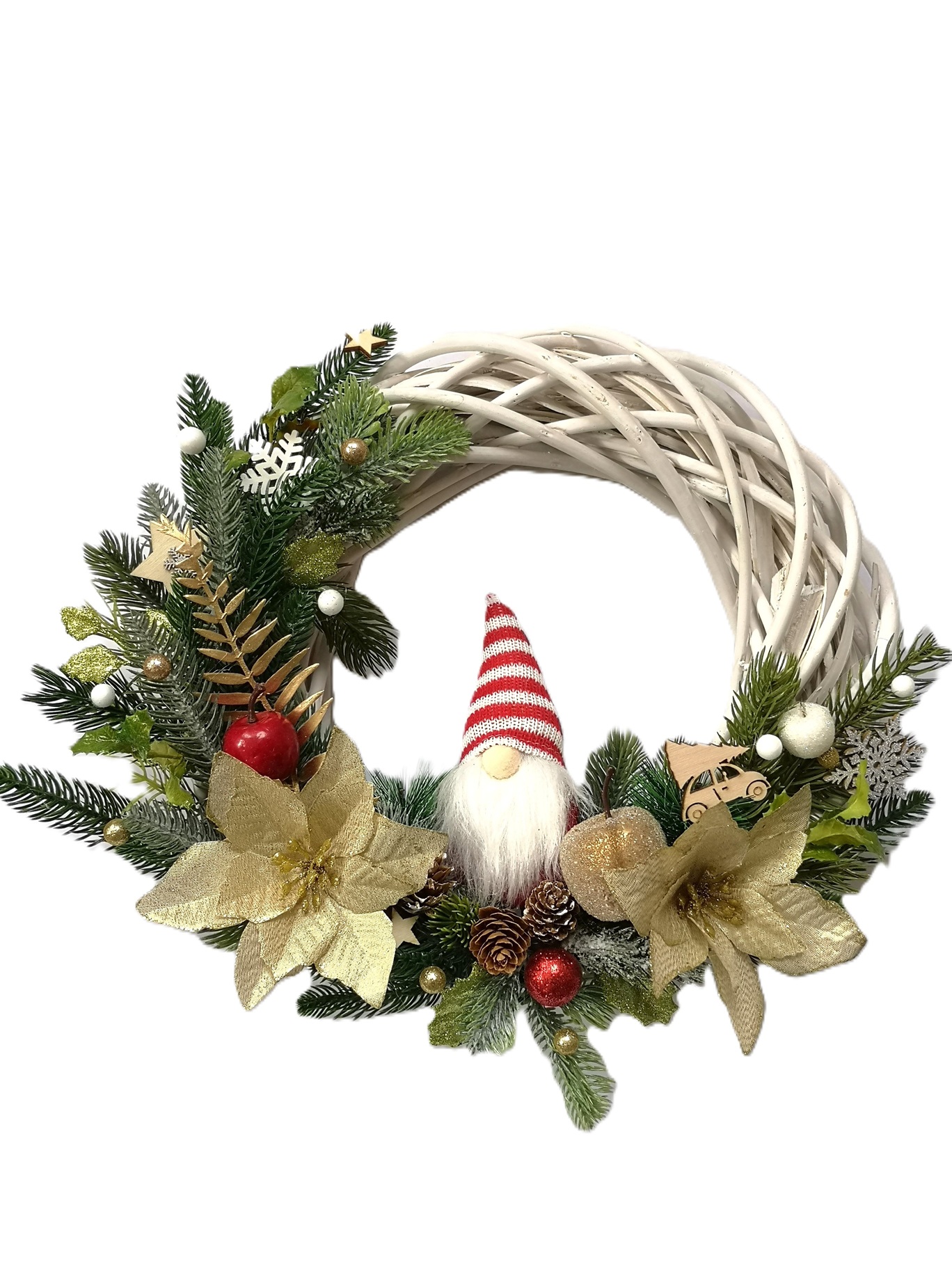 Świąteczny wieniec Bożonarodzeniowy wianek wiklinowy ze skrzatem złoto i czerwień