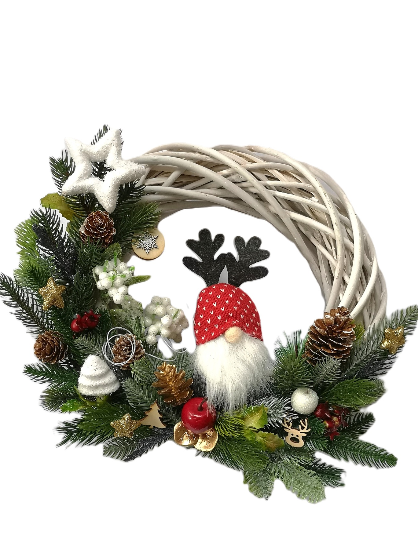 Świąteczny wieniec Bożonarodzeniowy wianek wiklinowy z nordyckim skrzatem złoto czerwień