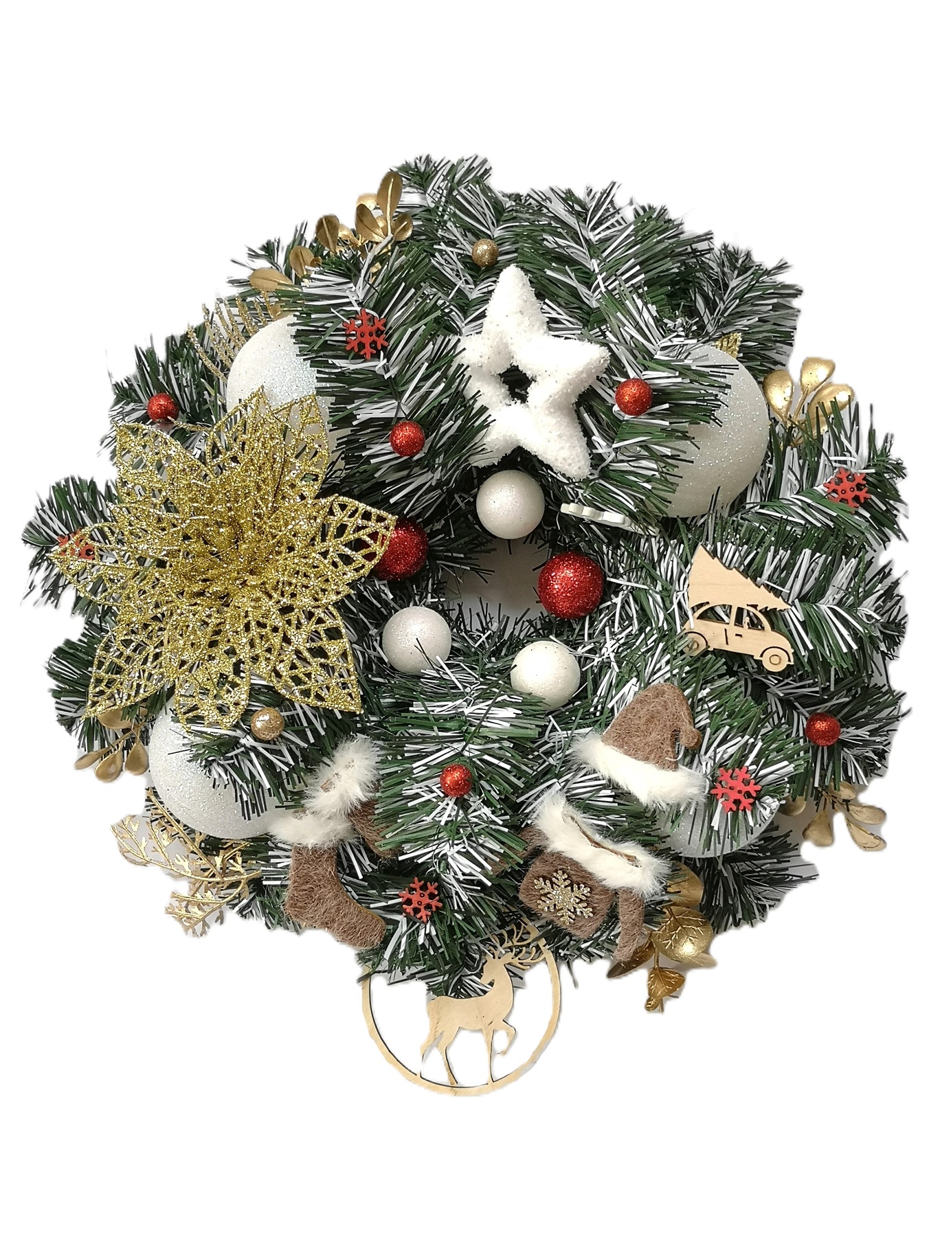 Zimowy wianek ze złotą GWIAZDĄ BETLEJEMSKĄ biel złoto 35cm bogato zdobiony